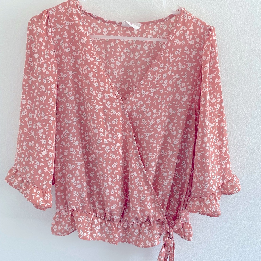Pink floral tie blouse